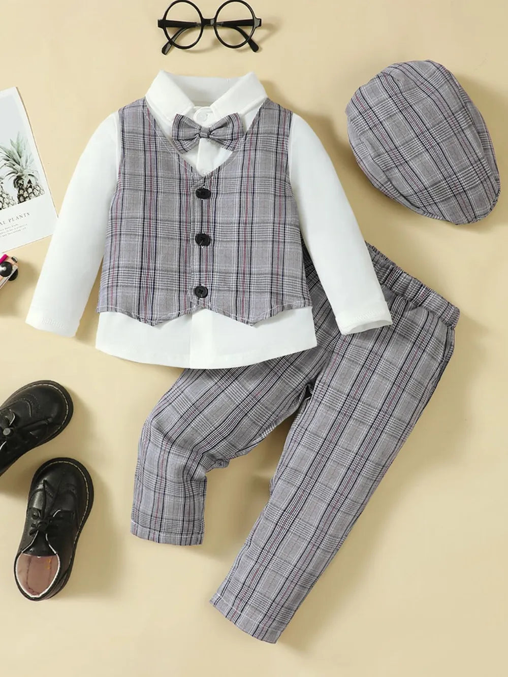 Hat Long Sleeve Shirt Plaid Vest and Pants