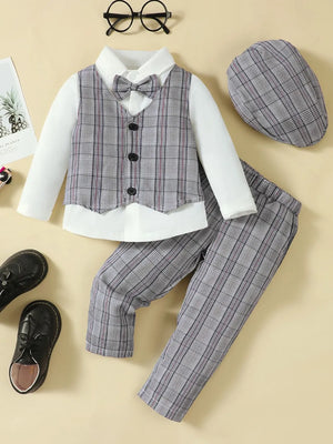 Hat Long Sleeve Shirt Plaid Vest and Pants